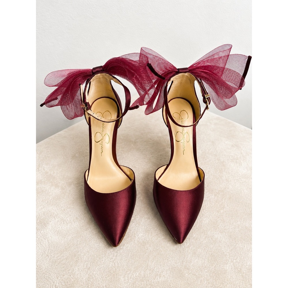 Jessica Simpson Pollier Burgundy Satin Tulle Bow Ankle Strap Pumps Heels 5.5M